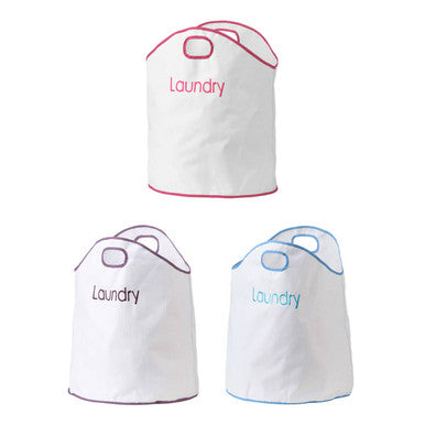 White laundry hamper with blue trim and laundry printed on front from green loop laundry bag collection