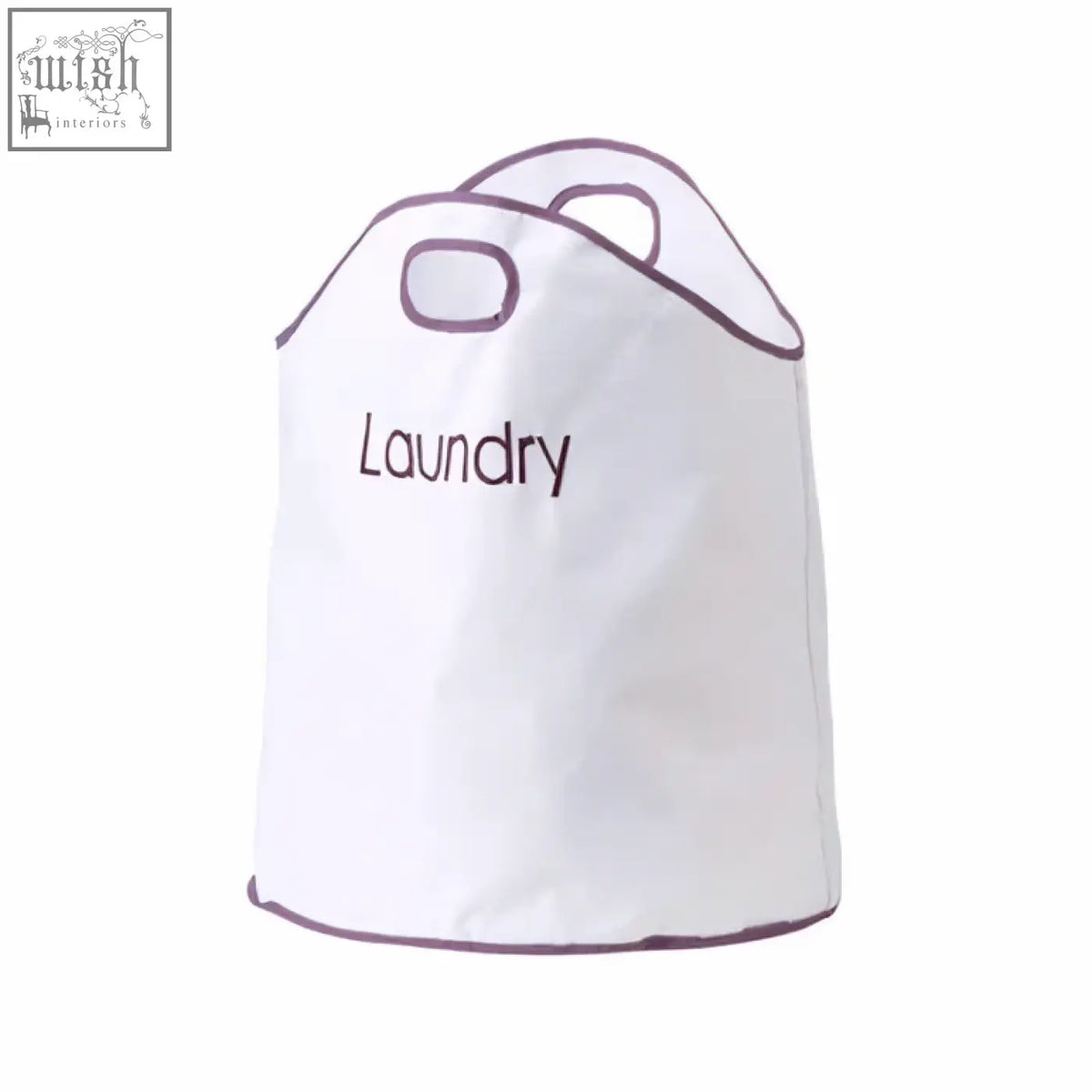 White laundry basket with dark gray trim and embroidered laundry text in green loop white purple laundry bag with large opening