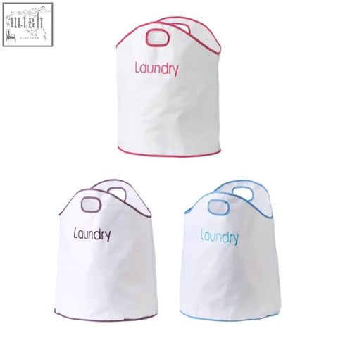 Green loop white laundry hamper with purple trim and large opening printed laundry on front for easy use