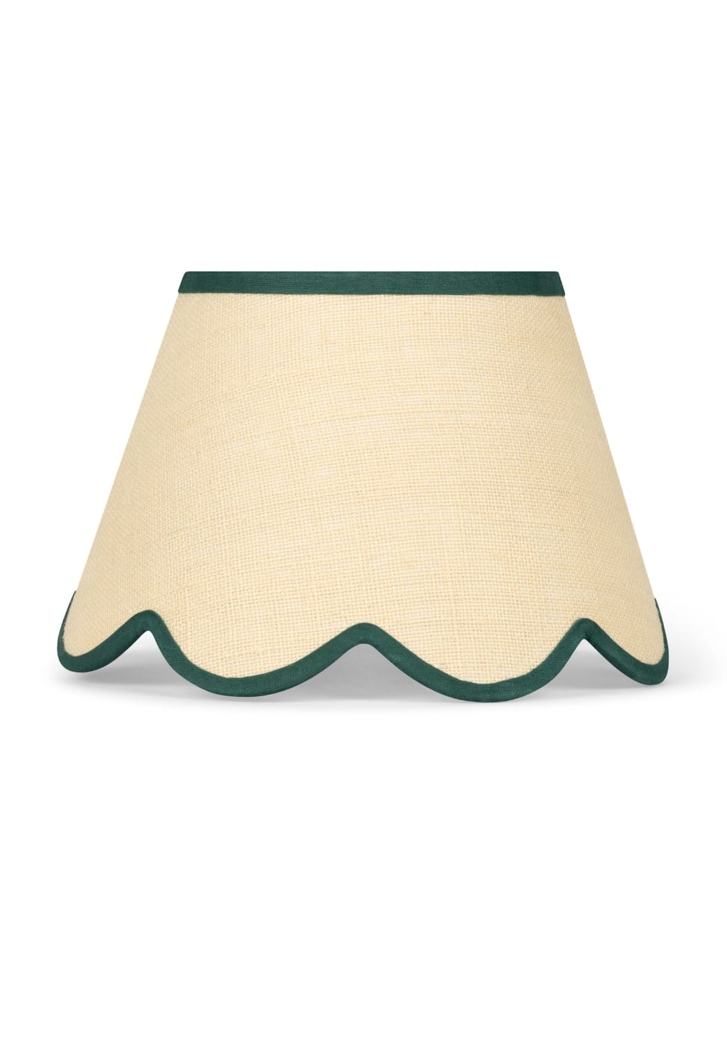 Beige linen lampshade with dark green scalloped jute trim from the green petal jute scallop collection