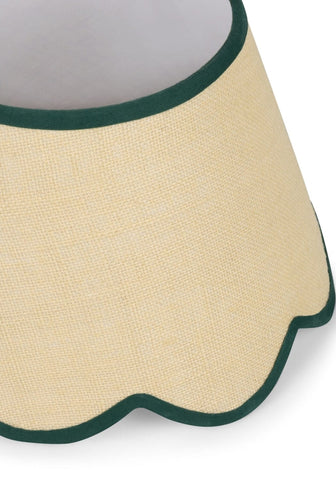 Beige linen green petal jute scallop lampshade with dark green scalloped trim for stylish lighting decor