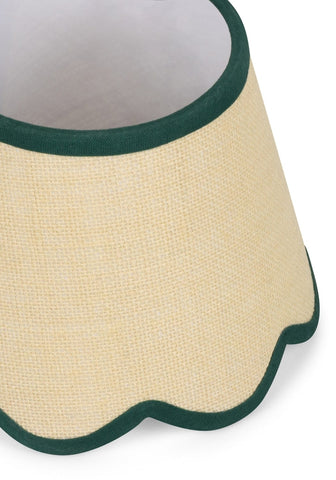 Beige linen lampshade with dark green scalloped jute trim perfect for adding a natural touch to your lighting