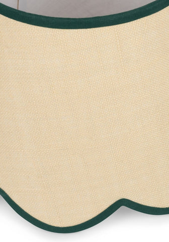 Beige linen placemat with dark green scalloped edge perfect for rustic table settings and jute decor lovers