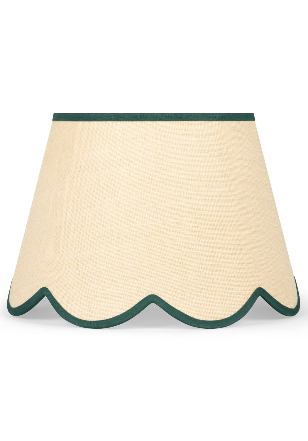 Beige scalloped jute lampshade with dark green trim from the green petal collection for cozy lighting