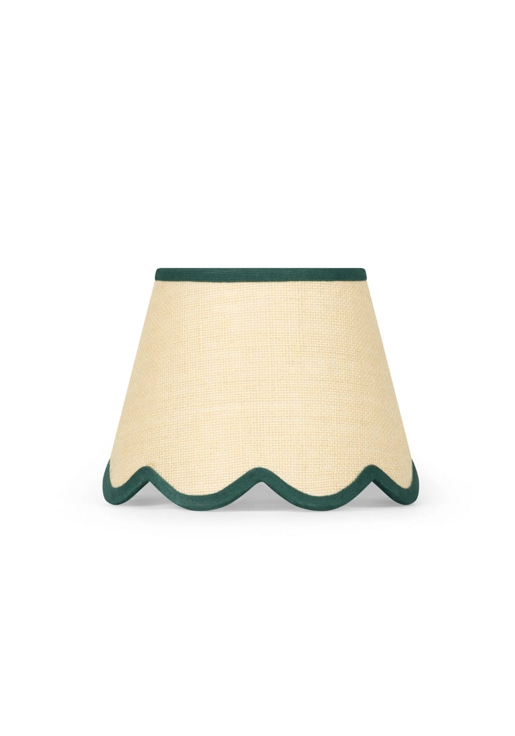 Beige woven jute lampshade with dark green scalloped trim called green petal jute scallop lampshade