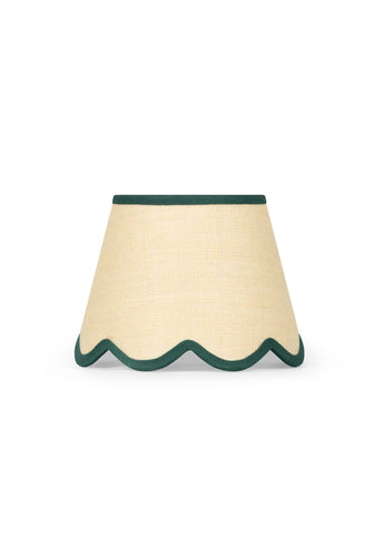 Beige woven jute lampshade with dark green scalloped trim called green petal jute scallop lampshade