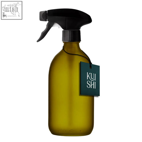 Olive green glass spray bottle with black trigger nozzle and cap perfect green glass spray for everyday use
