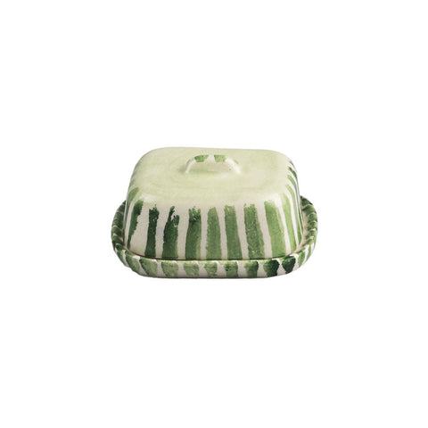 Square mini ceramic butter dish with lid featuring hand painted green stripes on off white ceramic butter dish