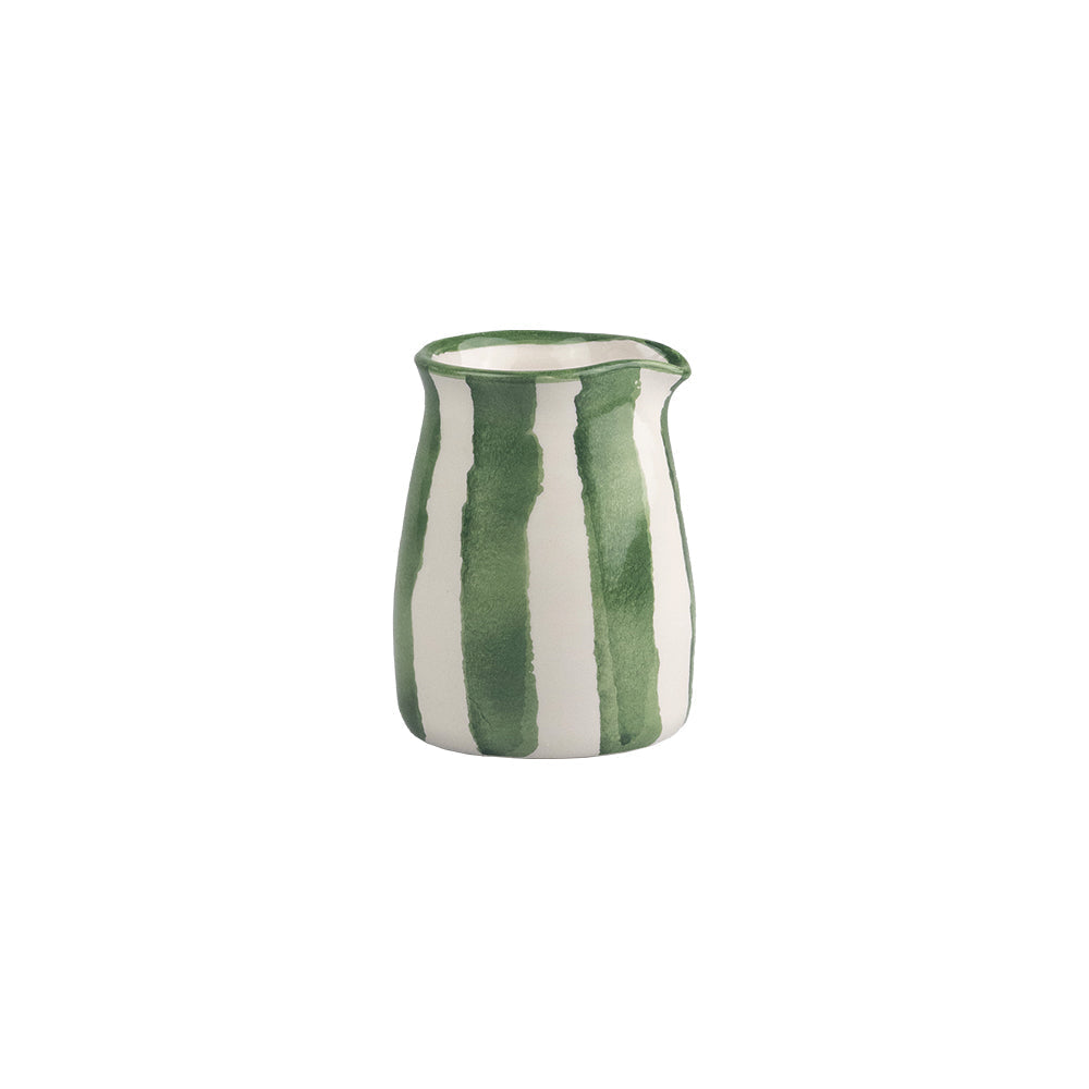 Green stripe small ceramic jug with vertical green and white stripes and a slightly flared rim small ceramic jug