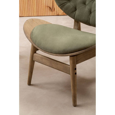 Olive green tufted velvet chair with grey elm wood frame and tapered legs from vinsi