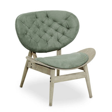 A sleek green velvet chair with grey elm wood frame and tufted seat perfect for stylish lounge spaces