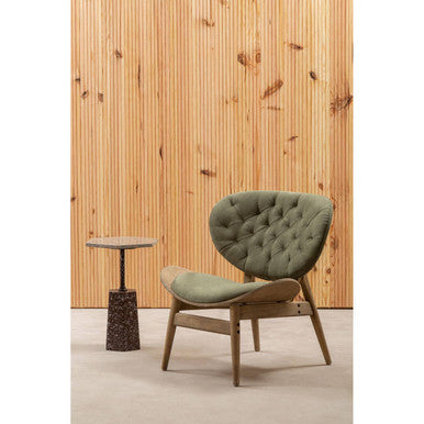 Olive green tufted green velvet chair with curved backrest and grey elm wood frame by vinsi
