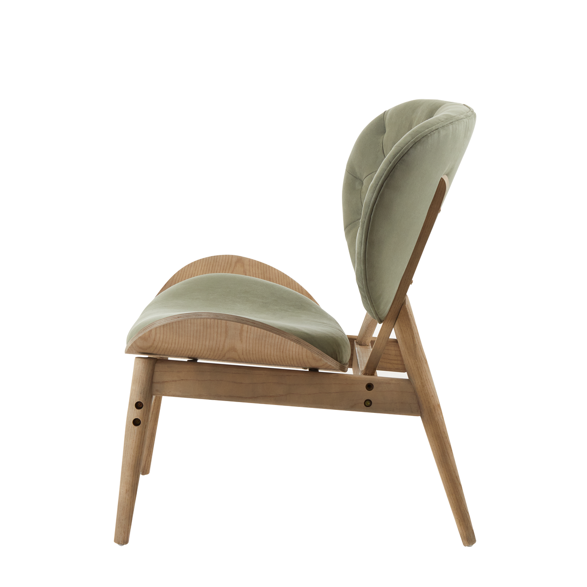 A modern green velvet chair with light green upholstery and slender grey elm wood frame by vinsi