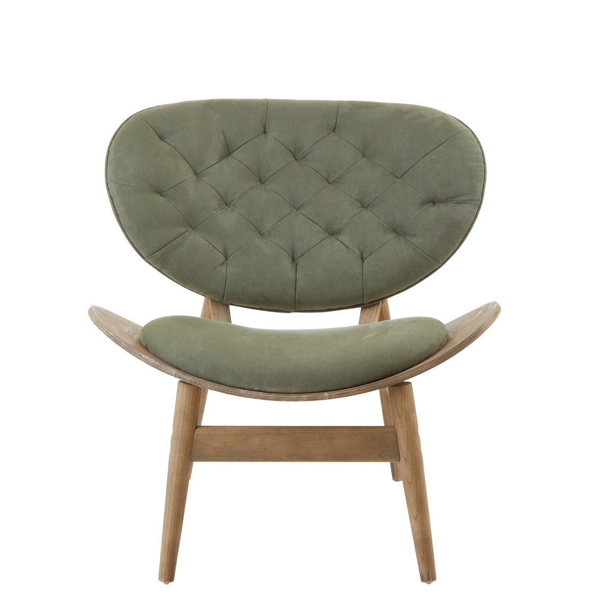 Olive green tufted green velvet chair with curved grey elm wood frame and matching cushion by vinsi