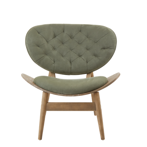 Olive green tufted green velvet chair with curved grey elm wood frame and matching cushion by vinsi