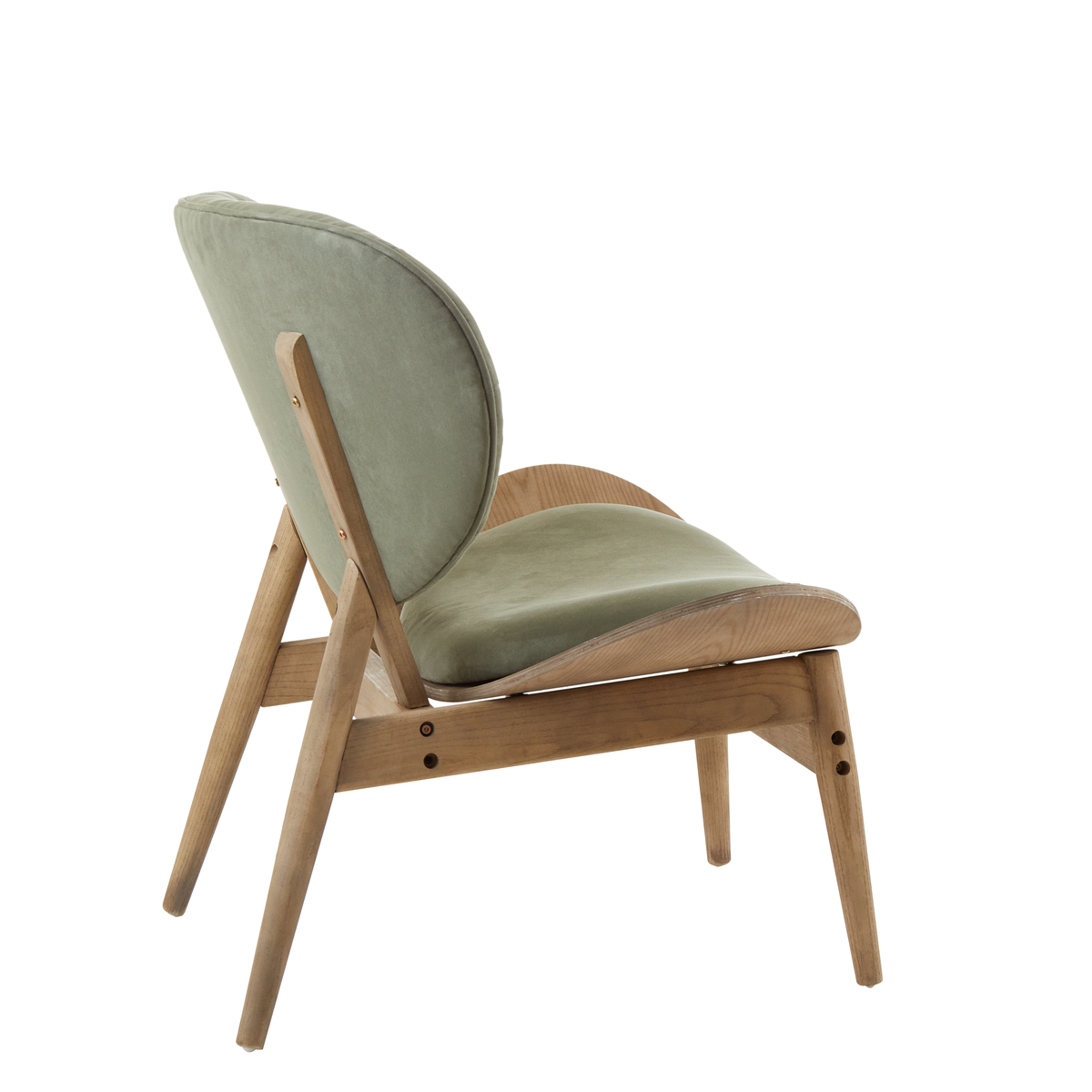 A green velvet chair with grey elm wood frame featuring a light green upholstered seat and slender natural wood legs