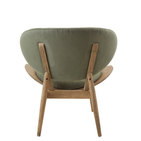Olive green upholstered armchair with green velvet cushions grey elm wood frame and leather straps by vinsi
