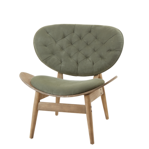 Green velvet chair with grey elm wood frame featuring tufted velvet upholstery and tapered legs by vinsi