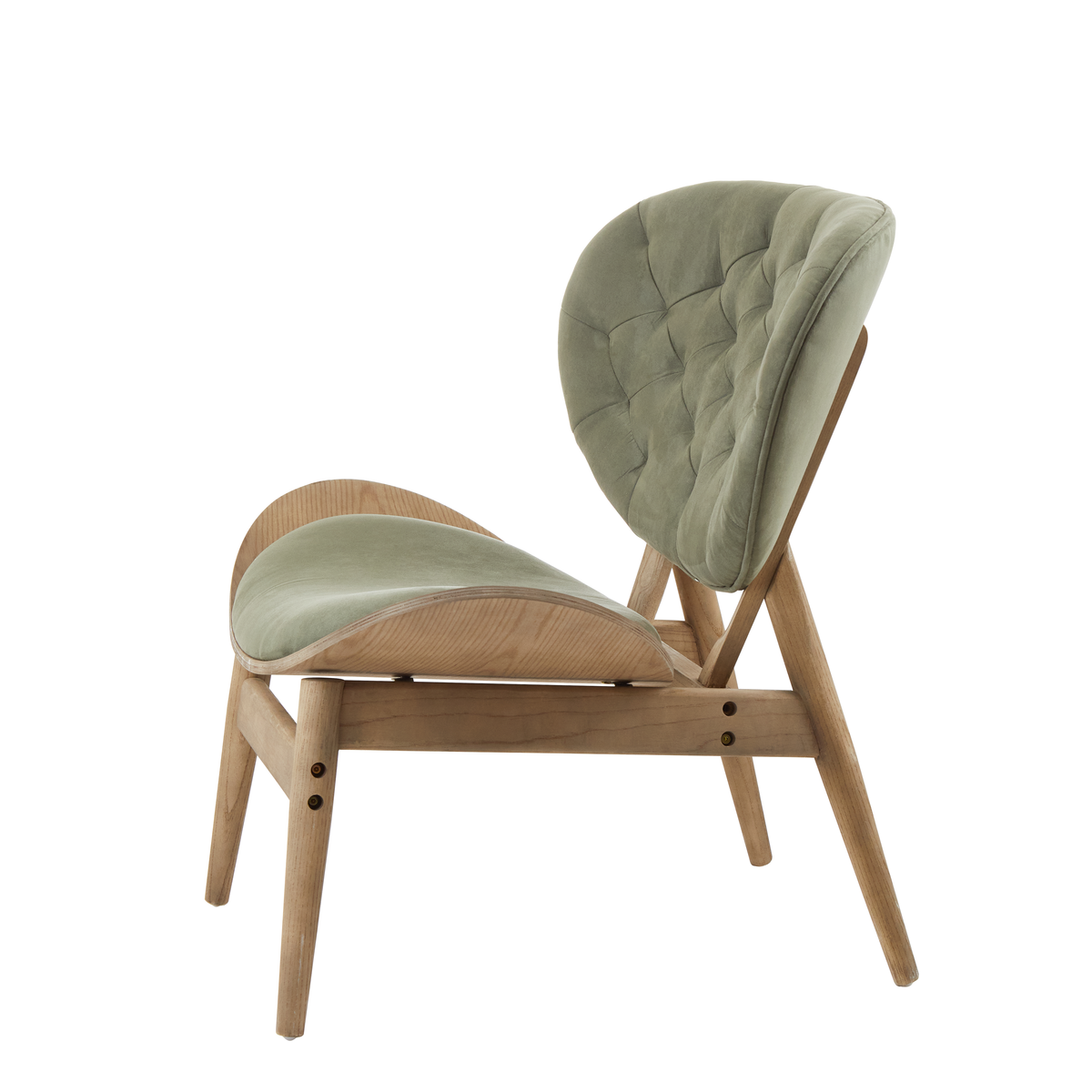 A modern green velvet chair with sage tufted upholstery and a curved grey elm wood frame by vinsi