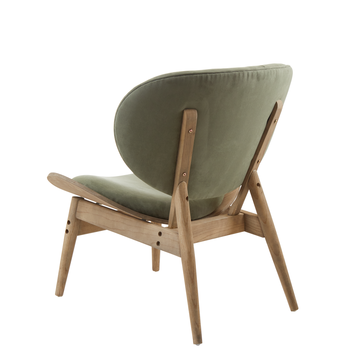 Green velvet chair with grey elm wood frame featuring olive green upholstery and angled light wood legs by vinsi