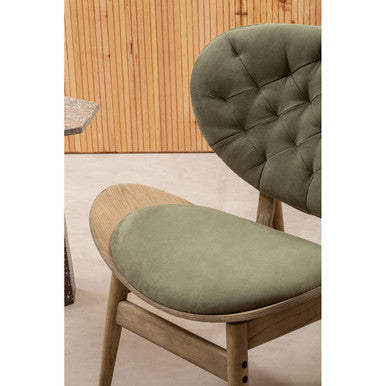 Green velvet chair with grey elm wood frame featuring tufted velvet upholstery and light wood accents by vinsi