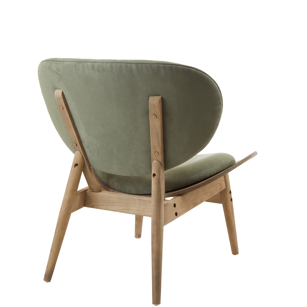 Modern olive green velvet chair with grey elm wood frame and angled legs perfect for stylish living spaces
