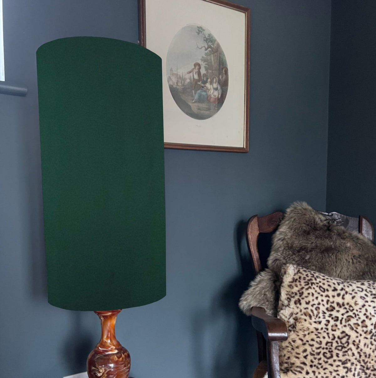 Green velvet cylinder lampshade with a deep green velvet 50cm height and glossy amber base for extra tall lighting