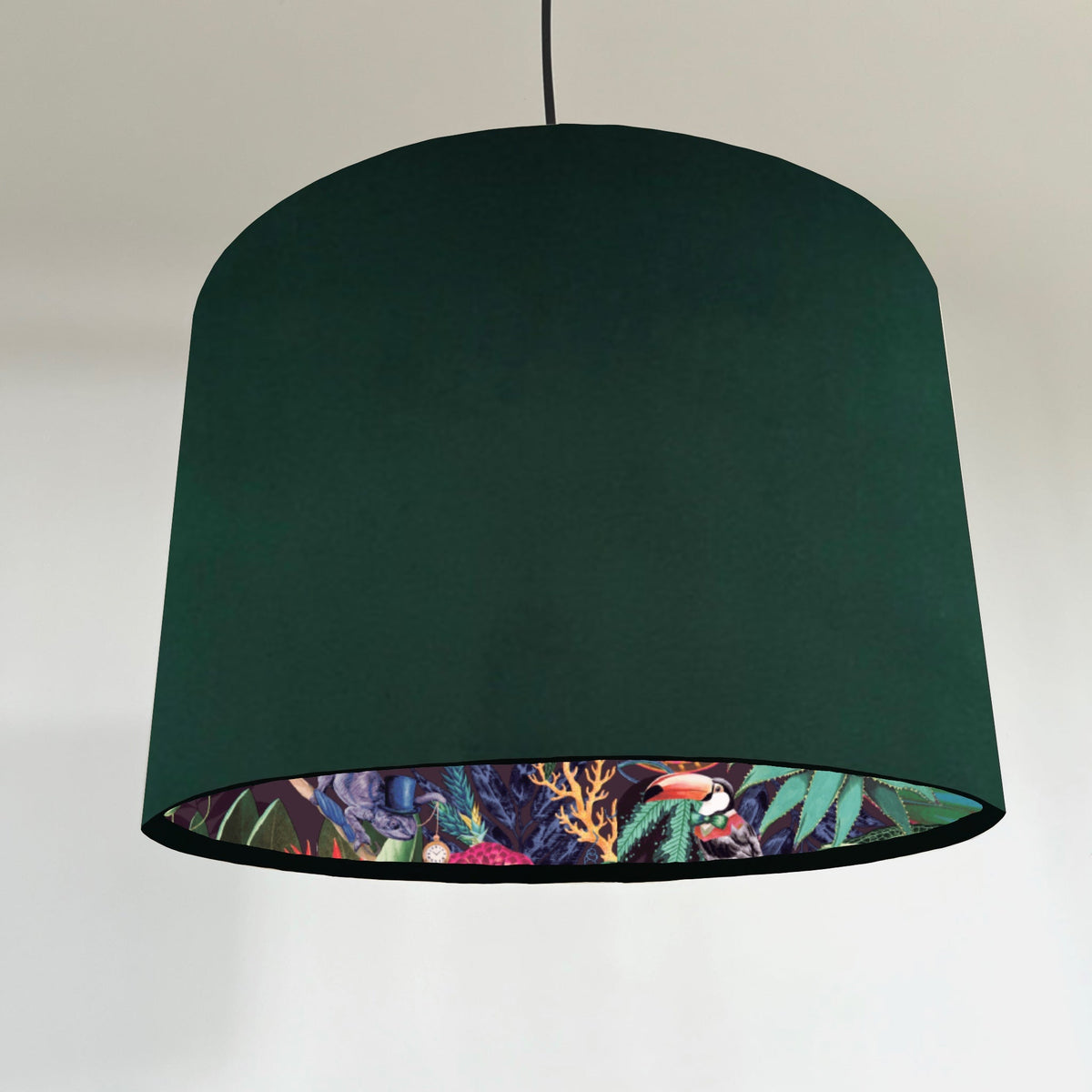 Green velvet drum lampshade 30cm height with vibrant toucan tropical wonderland paper interior ceiling light