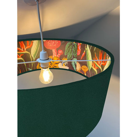 Green velvet drum lampshade 30cm height with vibrant botanical ceiling light shade featuring orange and red flowers