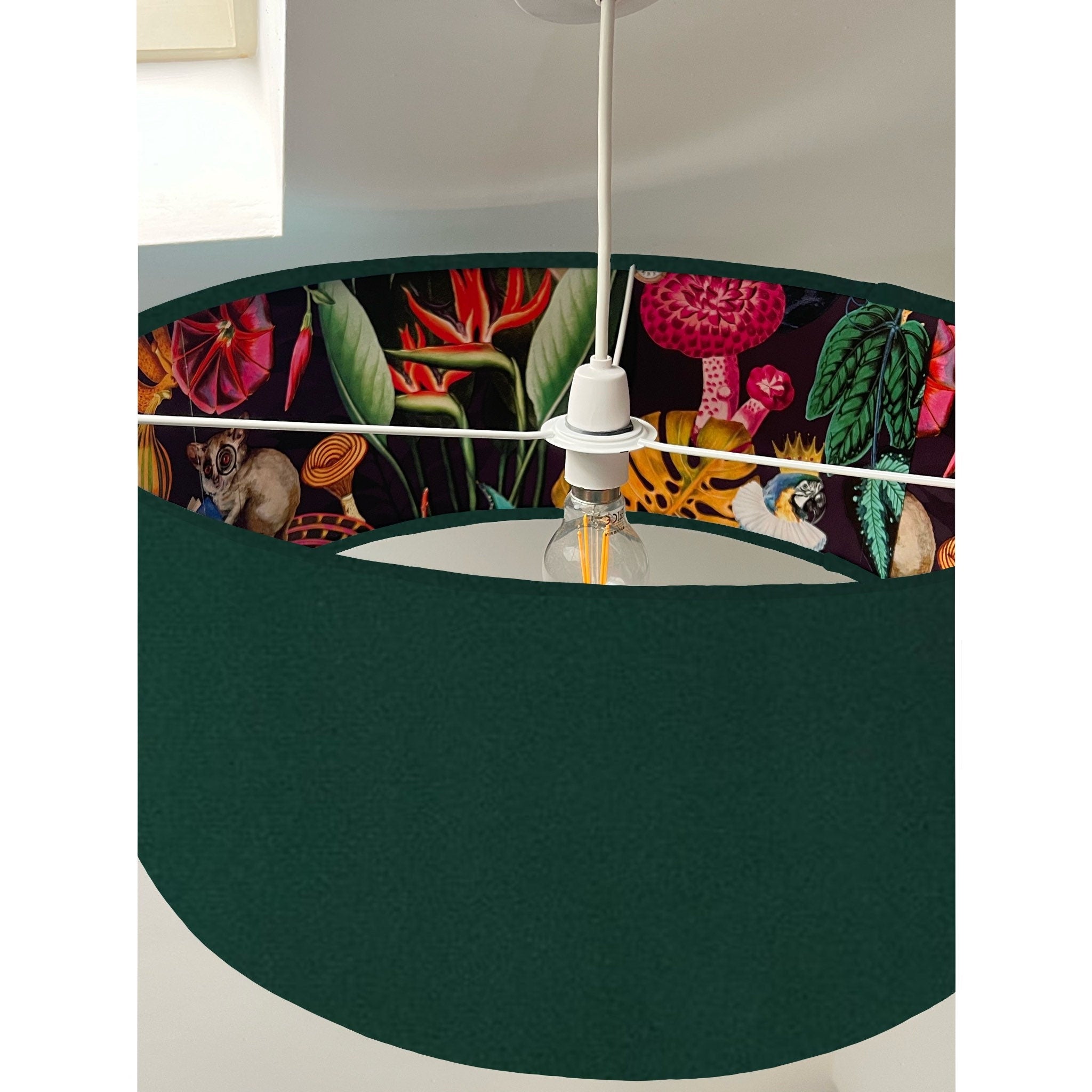 Green velvet drum lampshade 30cm height with vibrant tropical wonderland paper interior for ceiling light