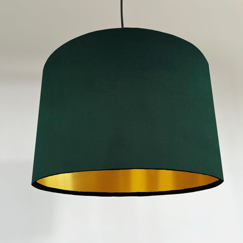 Deep green plain velvet ceiling shade with metallic brushed gold lining and 30cm height pendant lamp