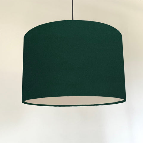 Dark green velvet drum ceiling shade with soft fabric finish, white lining, 30cm height, fitting sits 3-4cm