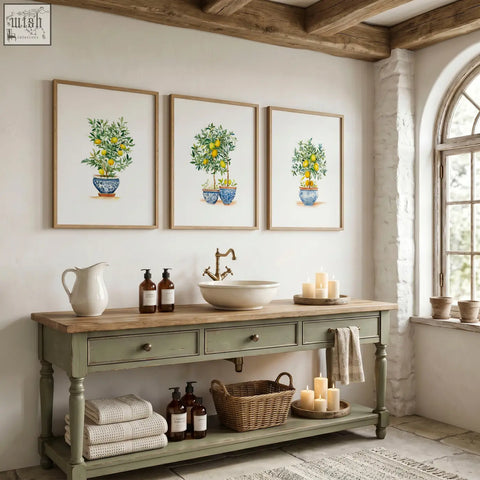Green wall art featuring a lemon tree watercolor print above a green painted wooden vanity with brass faucet sink