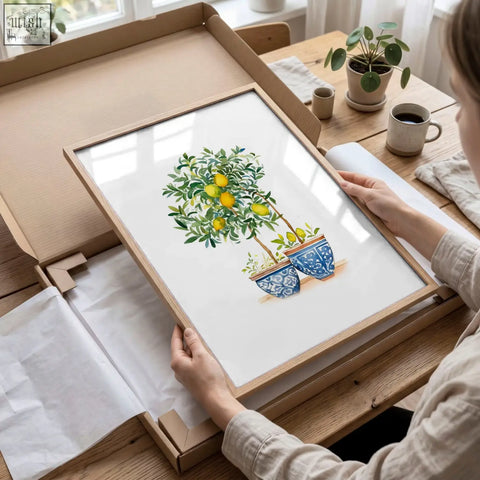 Rectangular wooden-framed green wall art featuring a vibrant lemon tree in blue and white ceramic pots perfect for home decor