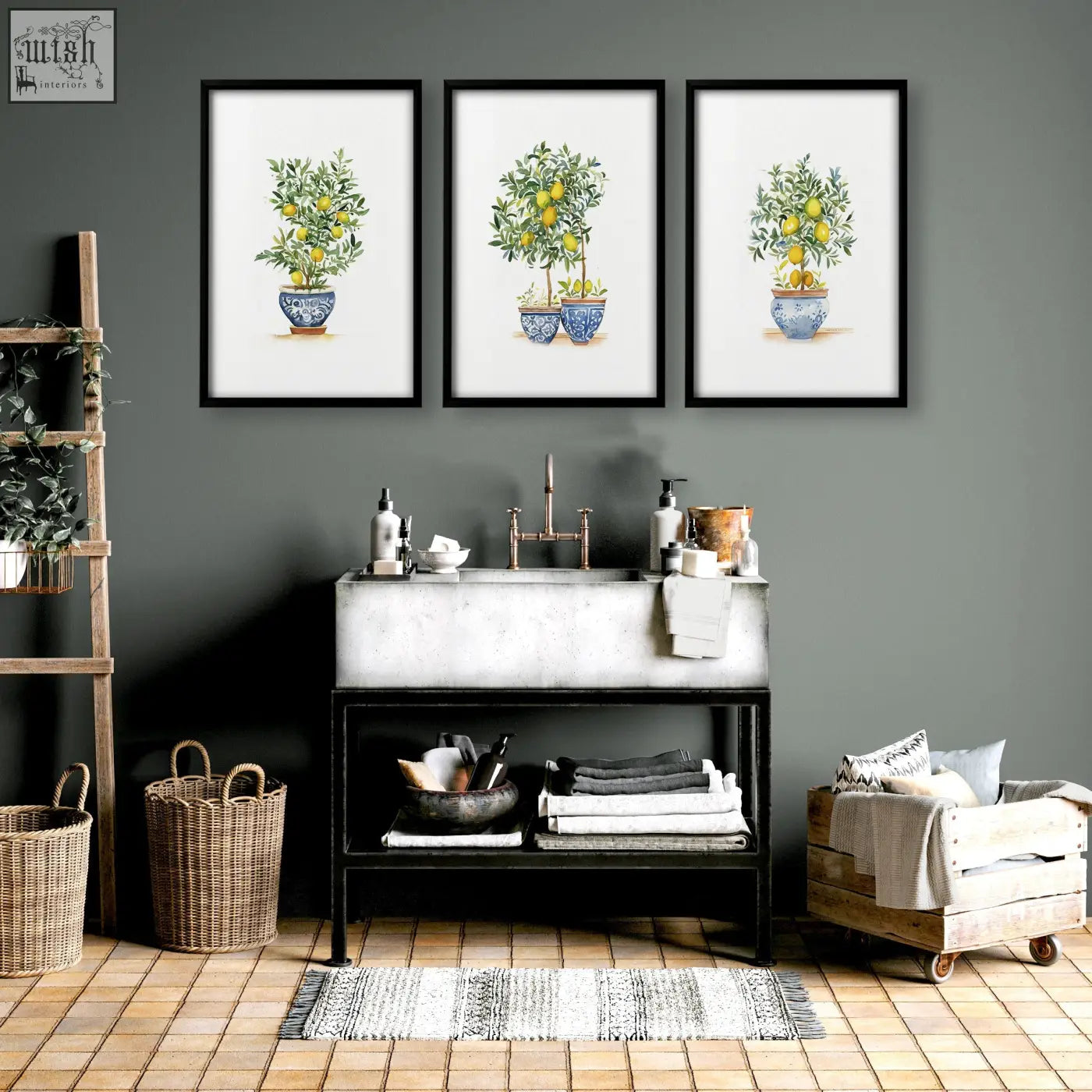 Set of 3 framed green wall art prints featuring lemon tree illustrations in blue and white ceramic pots for wall art decor