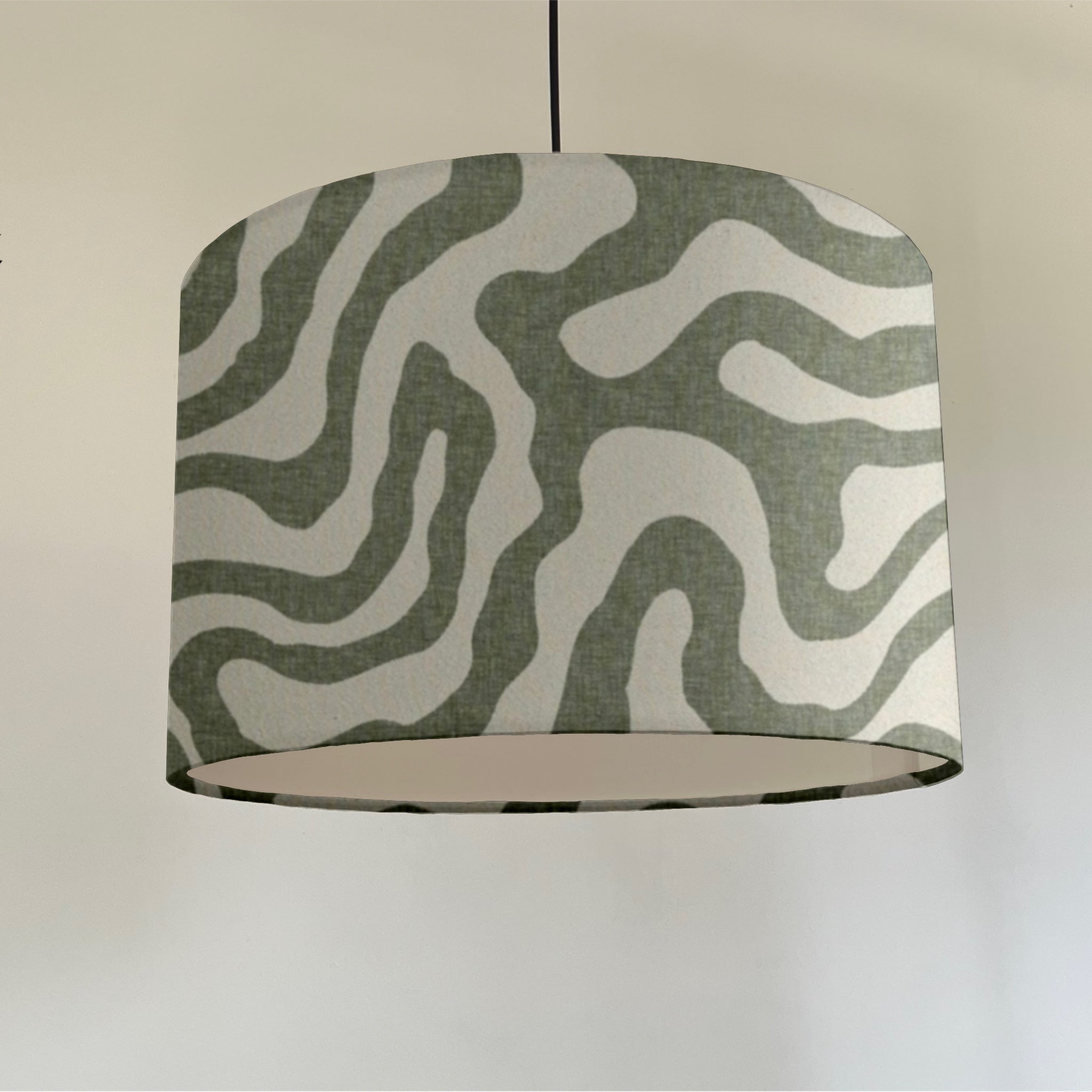 Green wiggle drum lampshade with gray white wavy pattern on textured fabric and white lining ceiling shade fitting sits 3-4cm