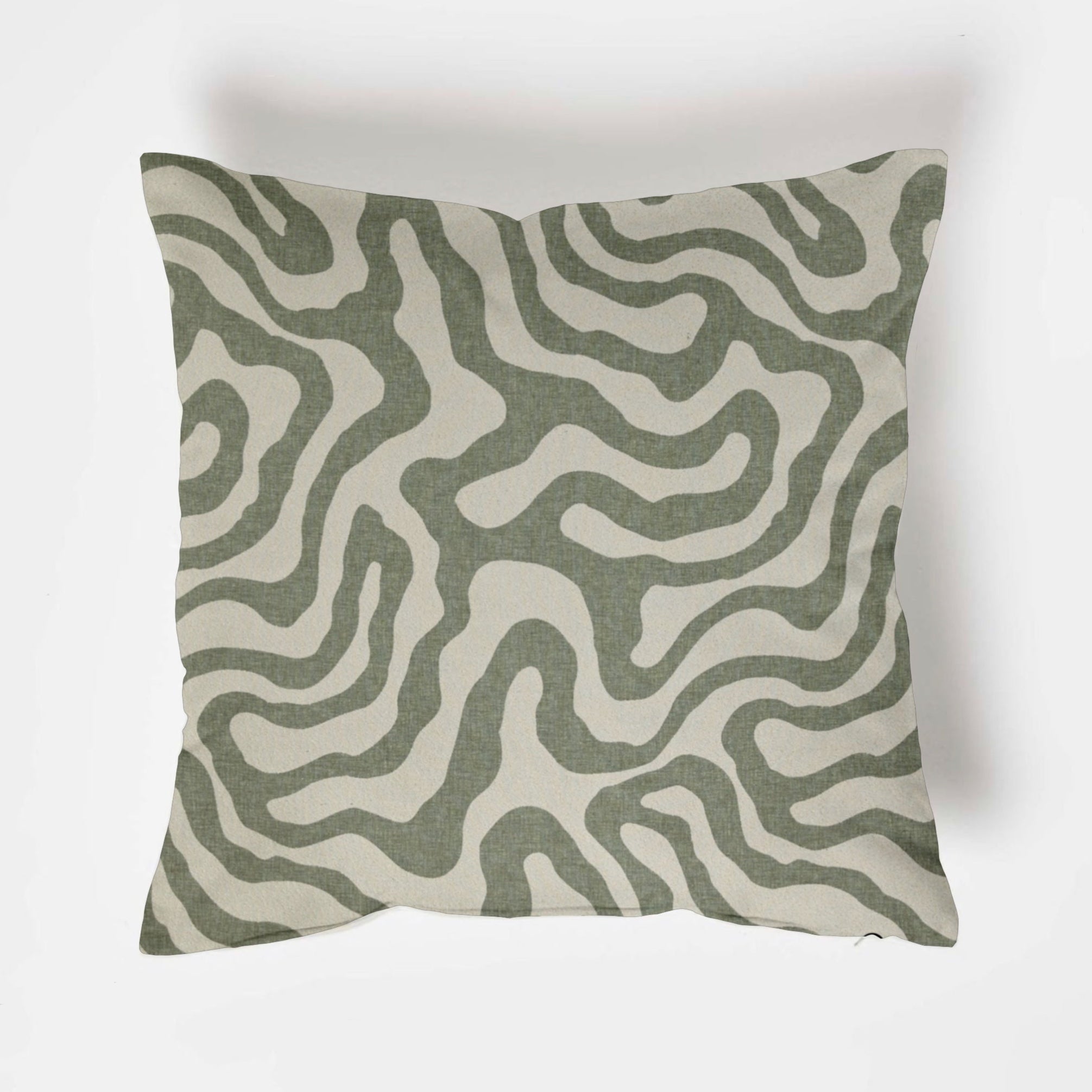 Square green wiggle throw cushion with modern olive green and off-white wavy lines on textured fabric