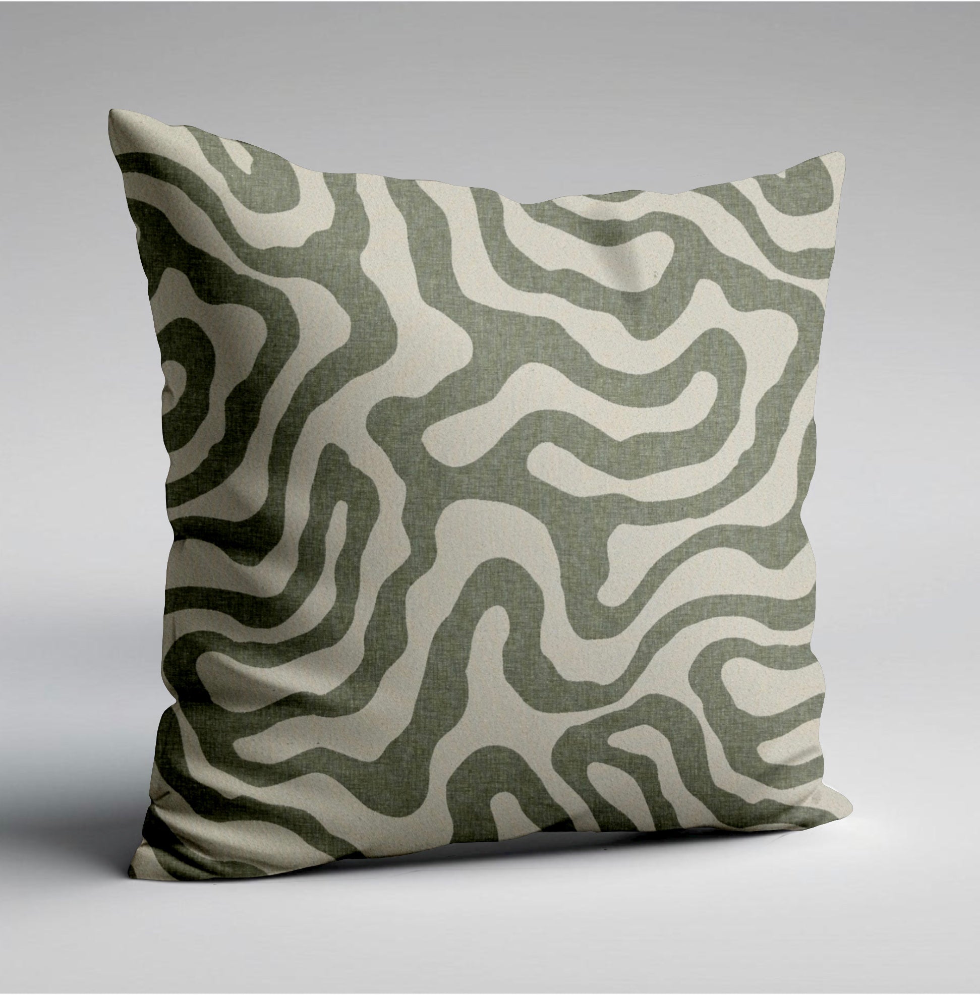 A green wiggle throw cushion with olive green and cream wavy lines on textured fabric perfect for scatter cushions