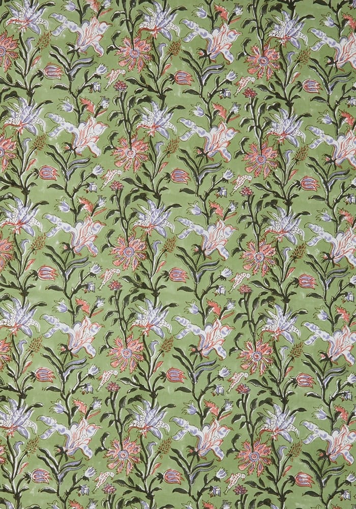 Green with envy tablecloth in green fabric with a soft pink white and muted purple floral print tablecloth pattern