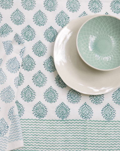 Green Blue Lotus Hand Block Printed Cotton Tablecloth
