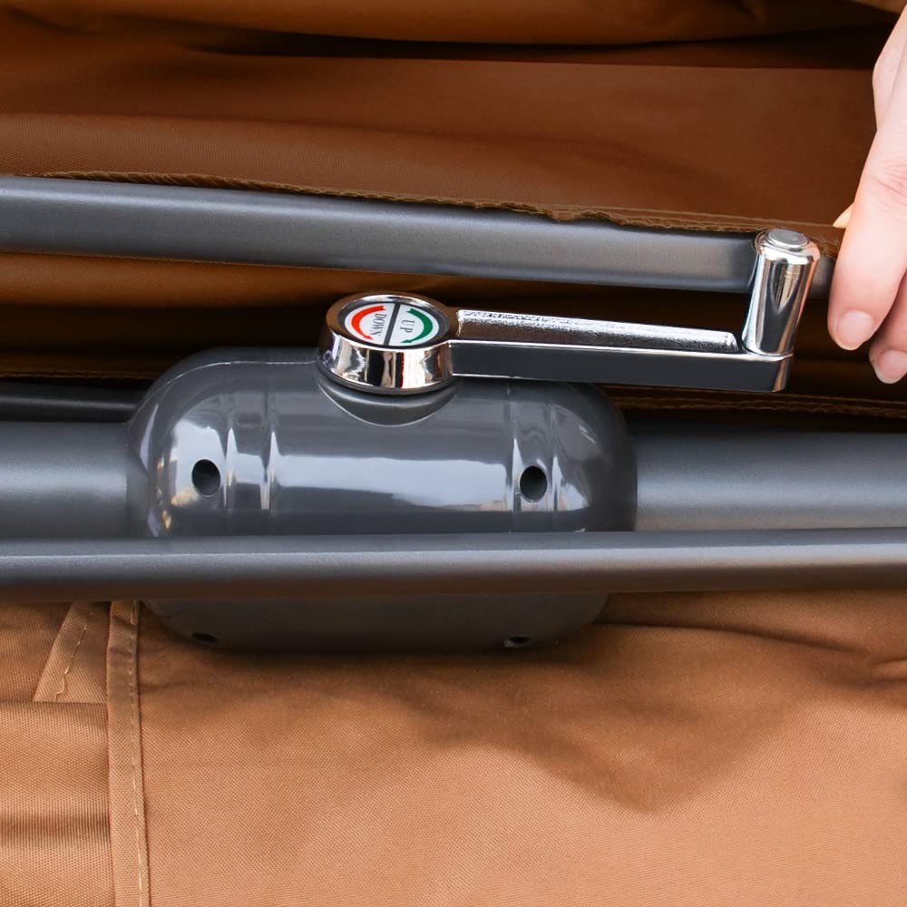Gray metal gas cylinder with chrome handle and red green pressure gauge next to greenbay 2.7m round tilt sun shade canopy umbrella