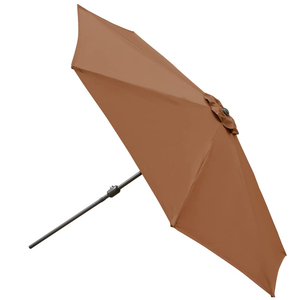 Brown greenbay 2.7m round parasol with decorative fabric flower and dark metal pole tilt sun shade canopy umbrella