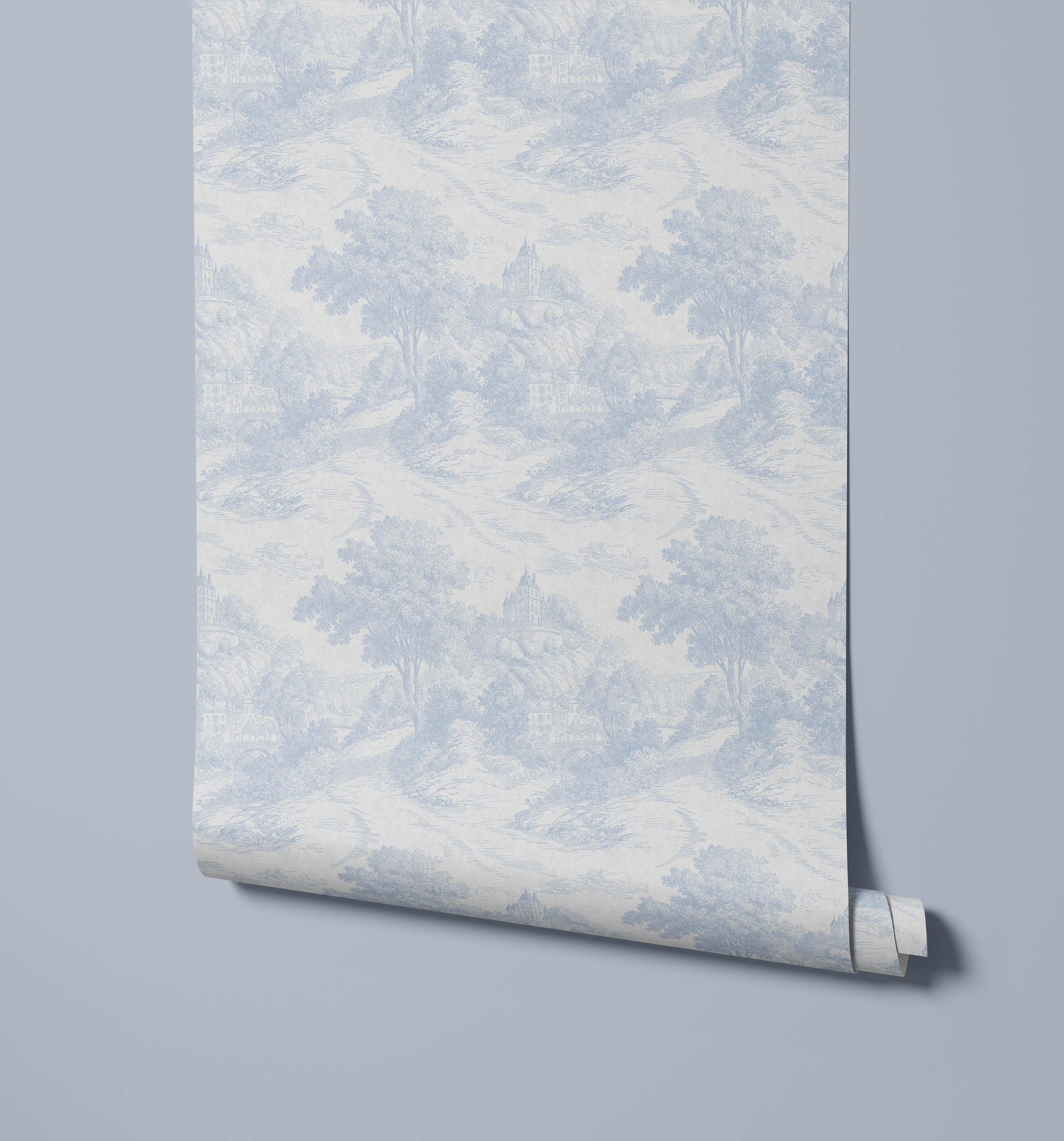 A roll of gregory toile pattern wallpaper in light blue and white with delicate tree silhouettes pattern wallpaper