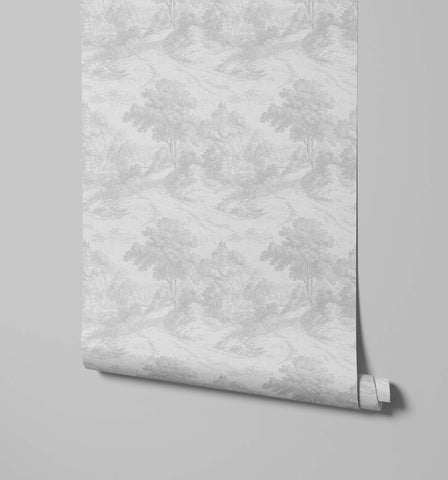 Gregory toile pattern wallpaper roll with delicate gray landscape pattern on off-white background