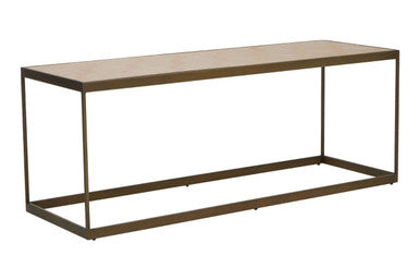 Bronze finished metal console table with smooth light oak veneer top and brushed brass coffee style accents