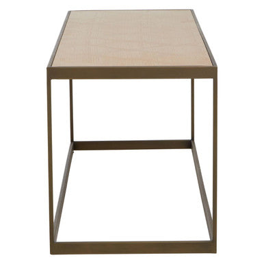 Minimalist rectangular side table with oak veneer top and brushed brass metal frame perfect as a coffee table