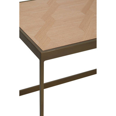 Minimalist side table with oak veneer herringbone top and slender matte legs in brushed brass coffee style