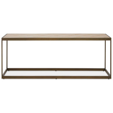 Modern minimalist console table with oak veneer top and dark bronze frame matching brushed brass coffee style