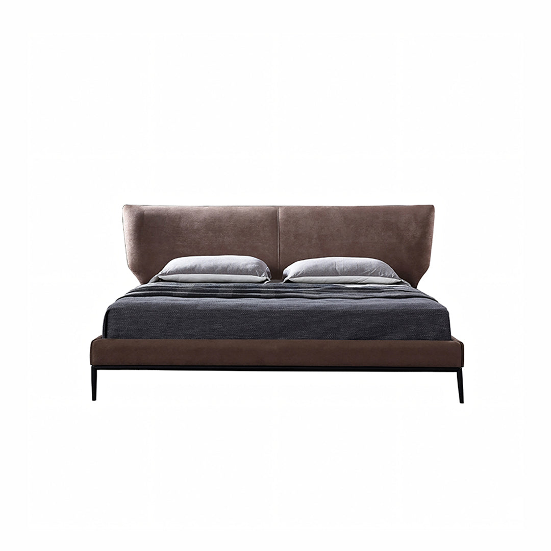 Brown upholstered greta king size bed with sleek modern design and black metal legs no storage option