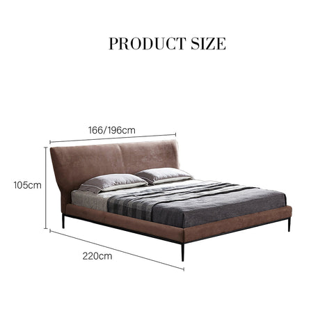 Brown velvet greta king size bed with black metal legs and gray striped duvet no storage super king size option